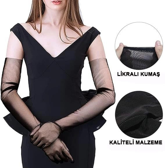 Mey İthalat® Uzun Boy Likralı Siyah Renk Yetişkin Mega Tül Eldiven 53 cm