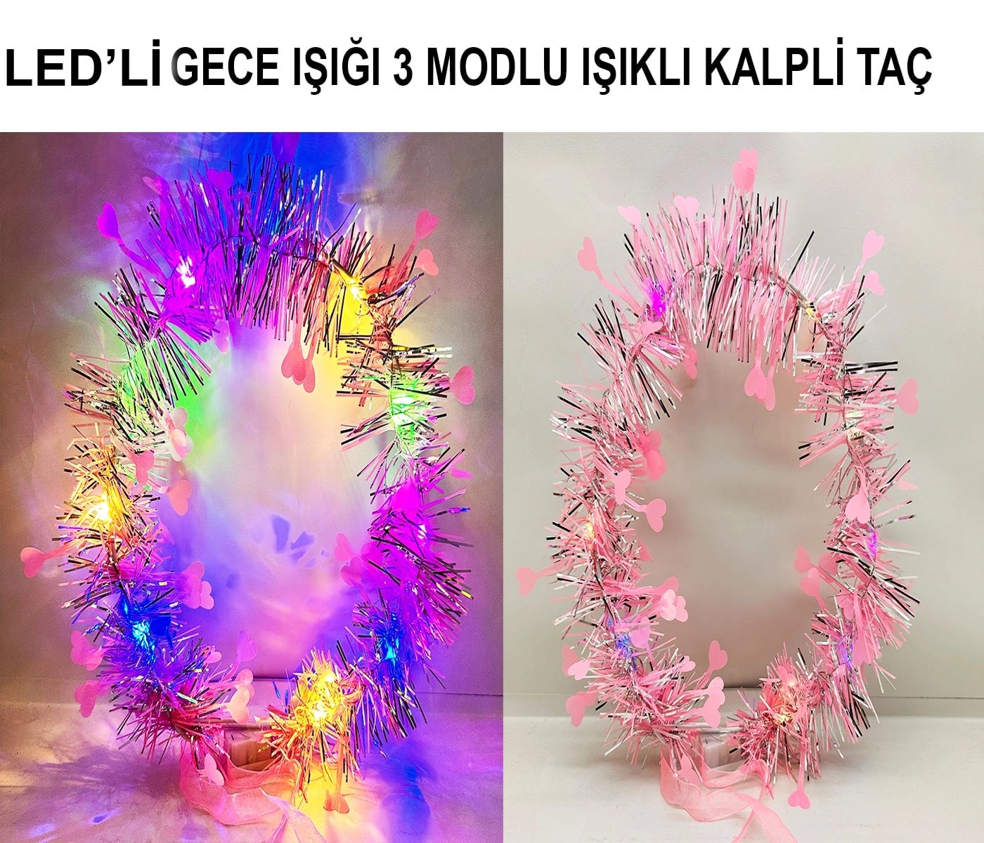 Mey İthalat® Kalp Püsküllü Gece Parıltısı 3 Modlu LED&amp;#39;li Işıklı Taç Pembe Renk