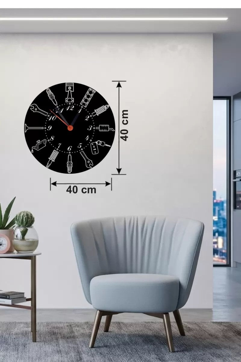 Mey İthalat® Otomobil Parçaları Tasarım Ahşap Duvar Saati - 40x40 cm Mekanik Saat