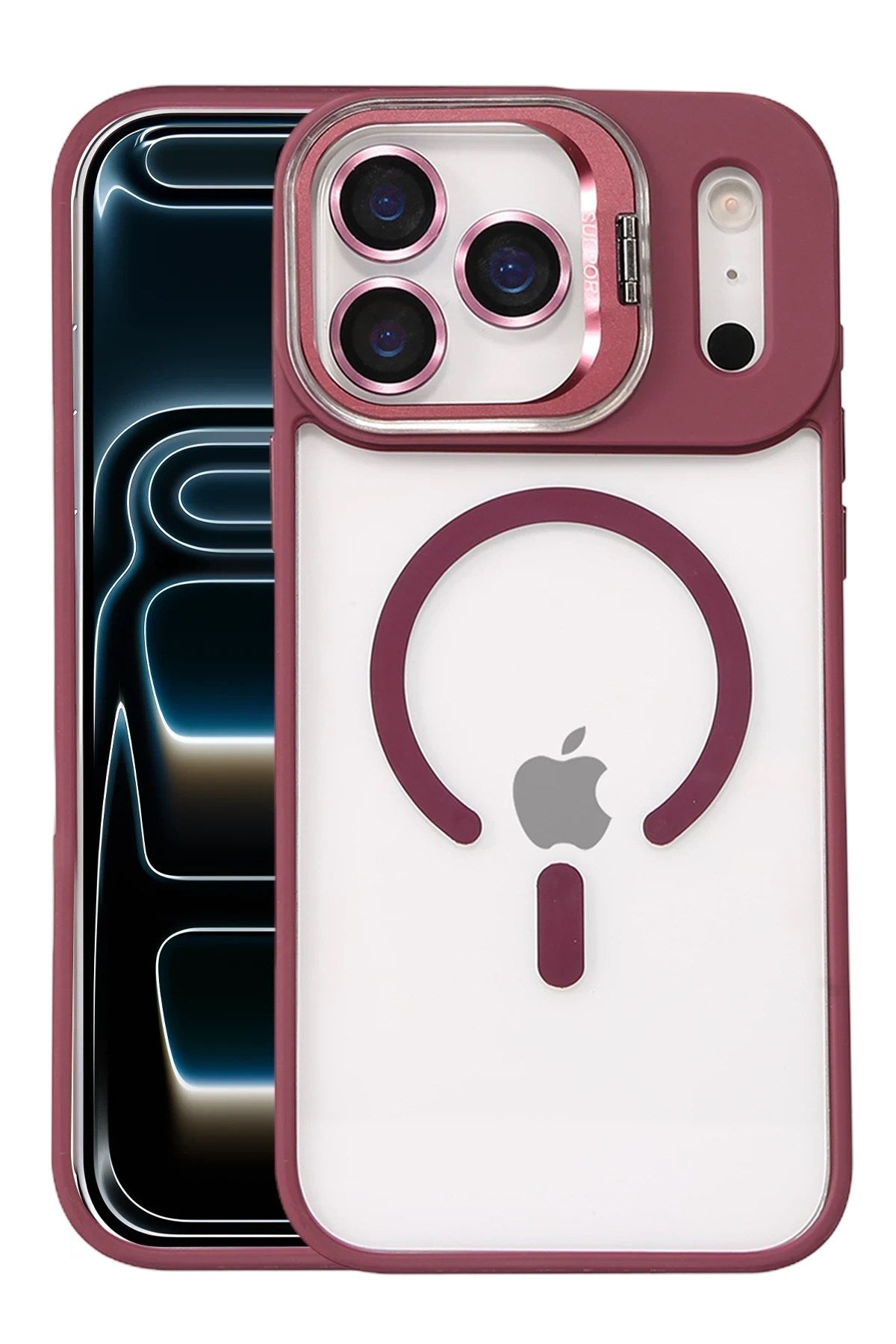 Mey İthalat® iPhone 17 Pro Remim Lensli Magsafe Standlı Kapak - Bordo