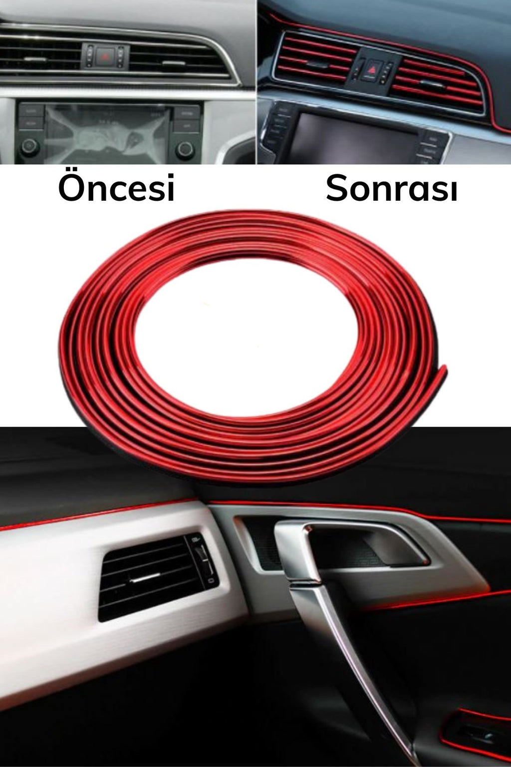 Kırmızı Araba OtoTrim Dekorasyon Şeridi Kauçuk Elastik Kolay Kurulum 5 metre Şerit Bant