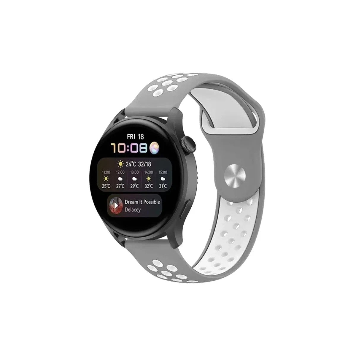 Mey İthalat® Watch 20mm Spor Delikli Kordon - Gri-Beyaz