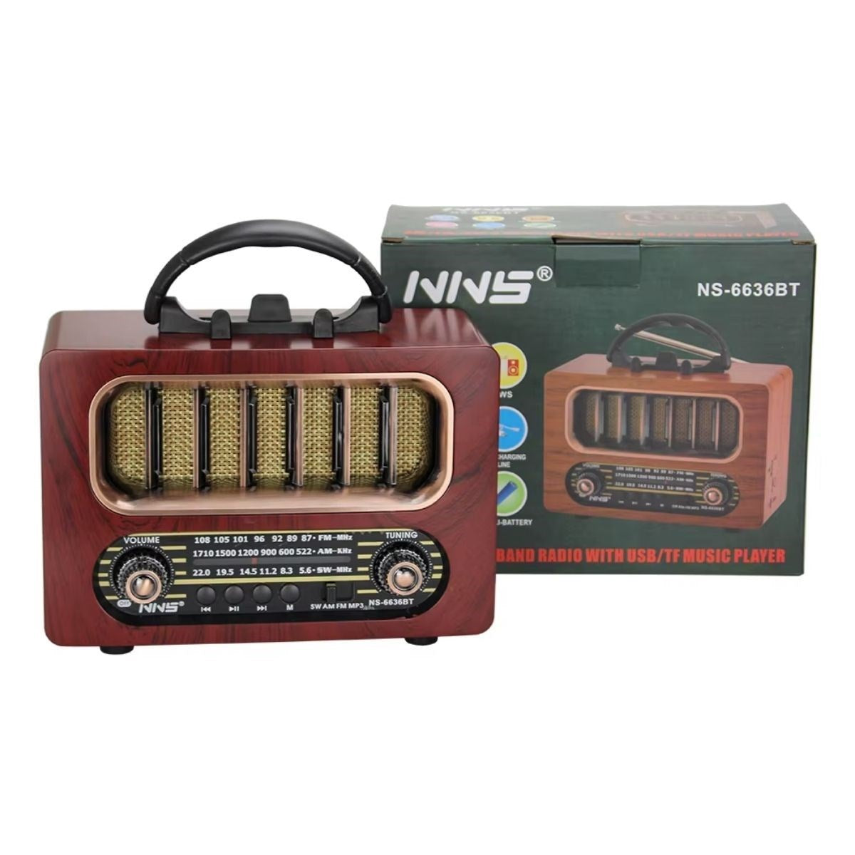 Orta Boy Retro Ahşap Tasarım Bluetooth Hoparlörlü Radyo – FM/AM Destekli, Şarjlı ve Taşınabiliri Radyo NS-6636