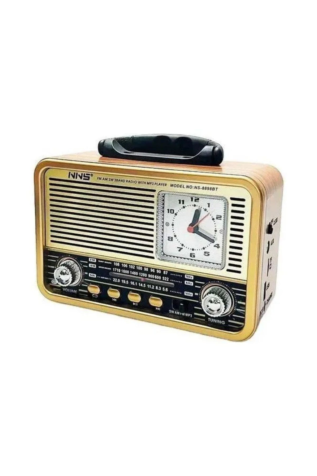 Orta Boy Saat Göstergeli Retro Ahşap Tasarım Bluetooth Hoparlörlü Radyo – FM/AM Destekli, Şarjlı ve Taşınabilir Radyo NS-8898