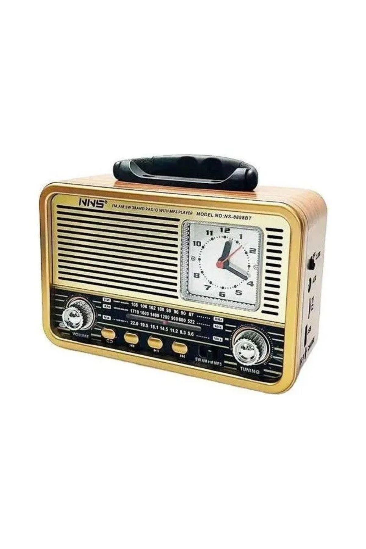 Orta Boy Saat Göstergeli Retro Ahşap Tasarım Bluetooth Hoparlörlü Radyo – FM/AM Destekli, Şarjlı ve Taşınabilir Radyo NS-8898