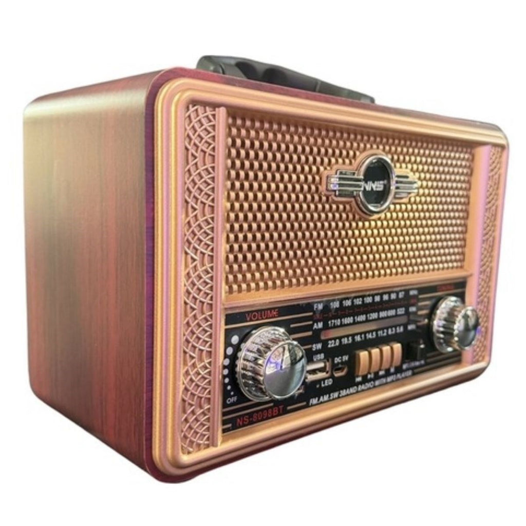 Retro, Nostaljik, Ahşap Tasarım Bluetooth Hoparlörlü, Şarjlı, Taşınabilir Otantik Tasarımlı FM/AM Destekli Radyo NS8098