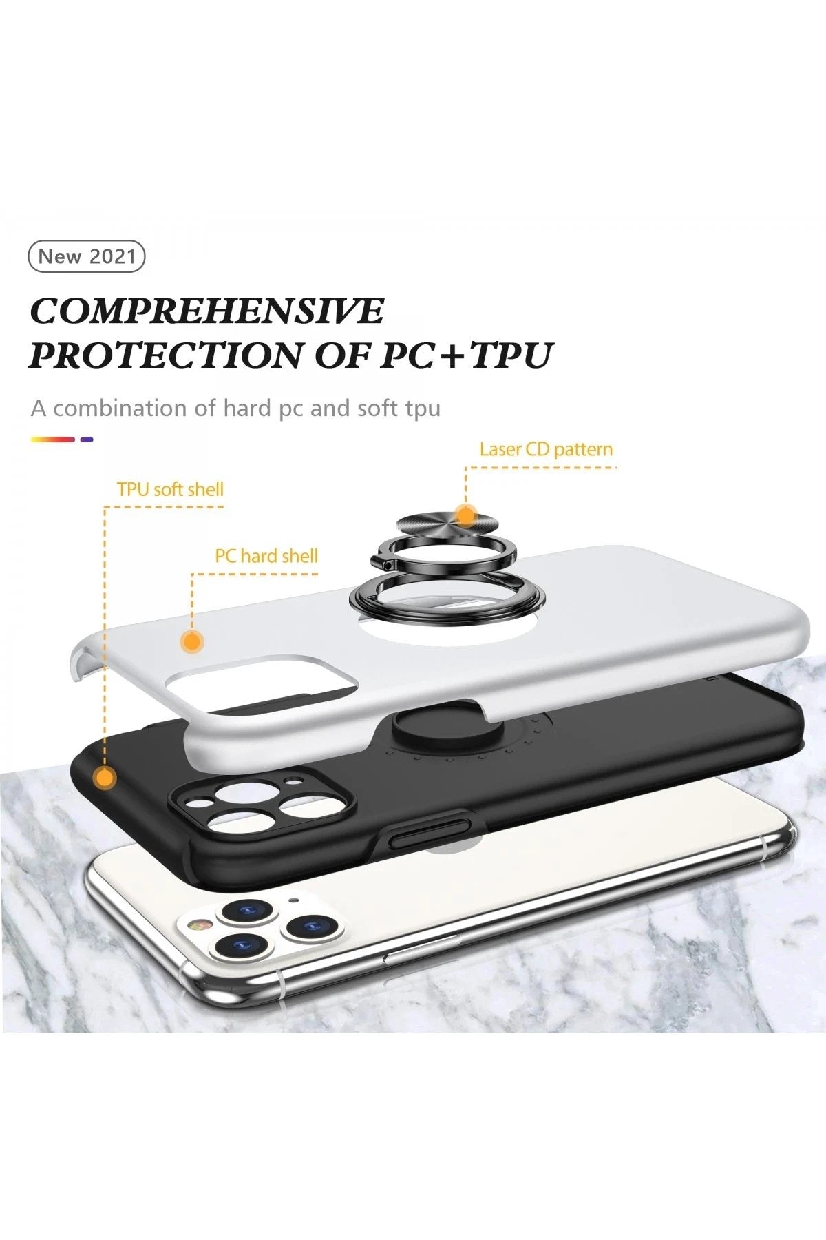 Mey İthalat® iPhone 11 Pro Max Kılıf Elit Yüzüklü Kapak - Gümüş