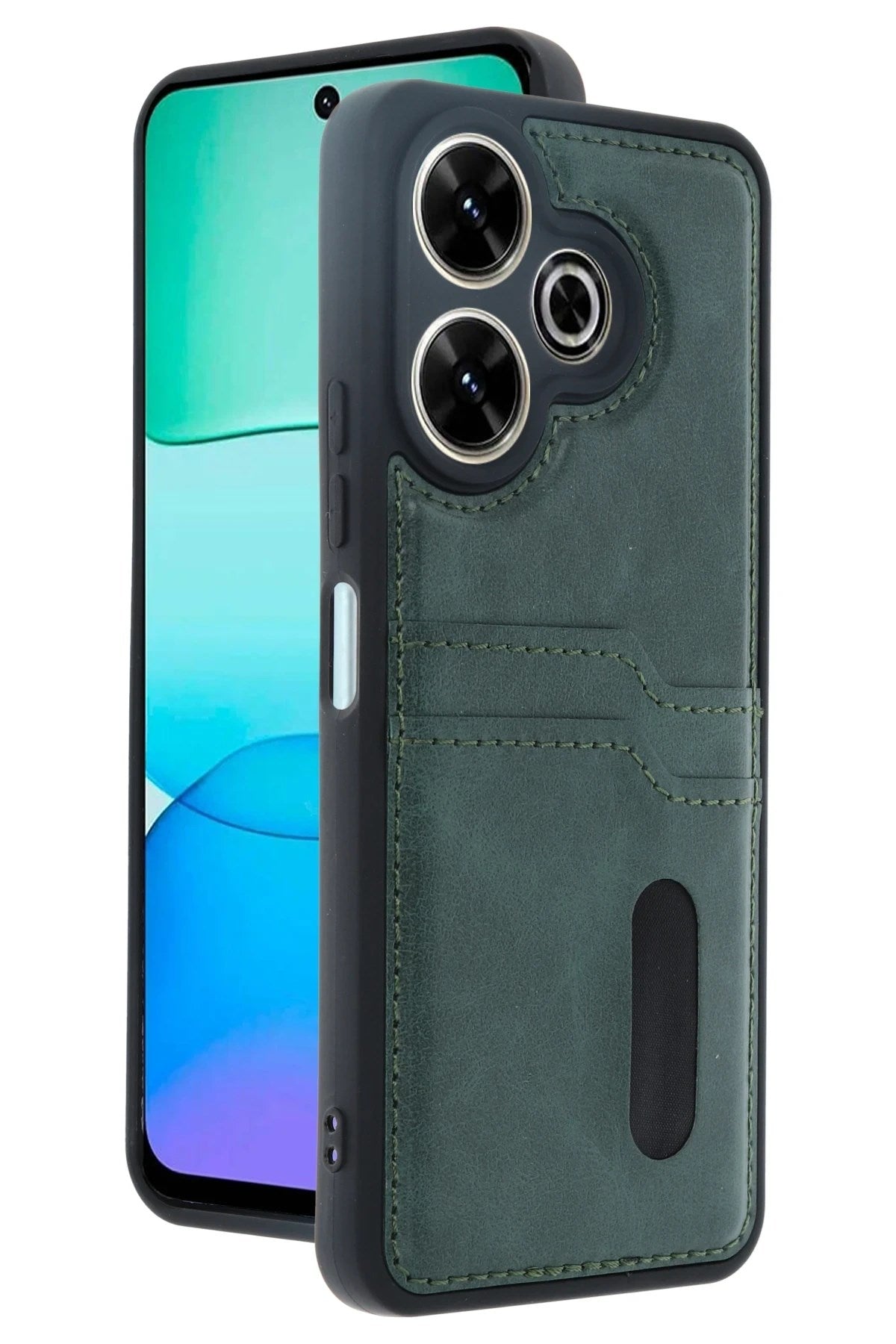 Mey İthalat® Redmi 13 4G Kılıf Sara Kartvizitli Deri Kılıf - Koyu Yeşil