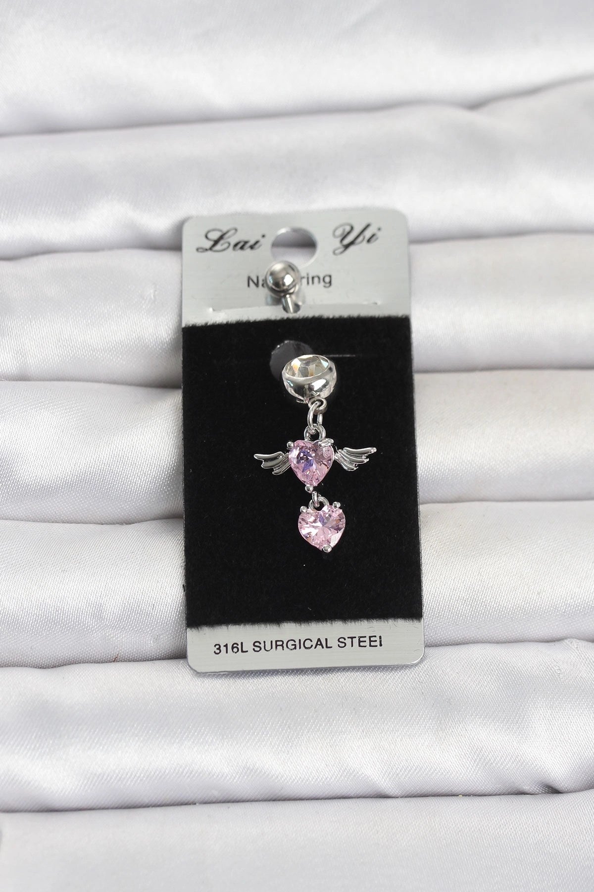 Mey İthalat® 316L Cerrahi Çelik Pembe Zirkon Taşlı Kanat Model Göbek Piercing
