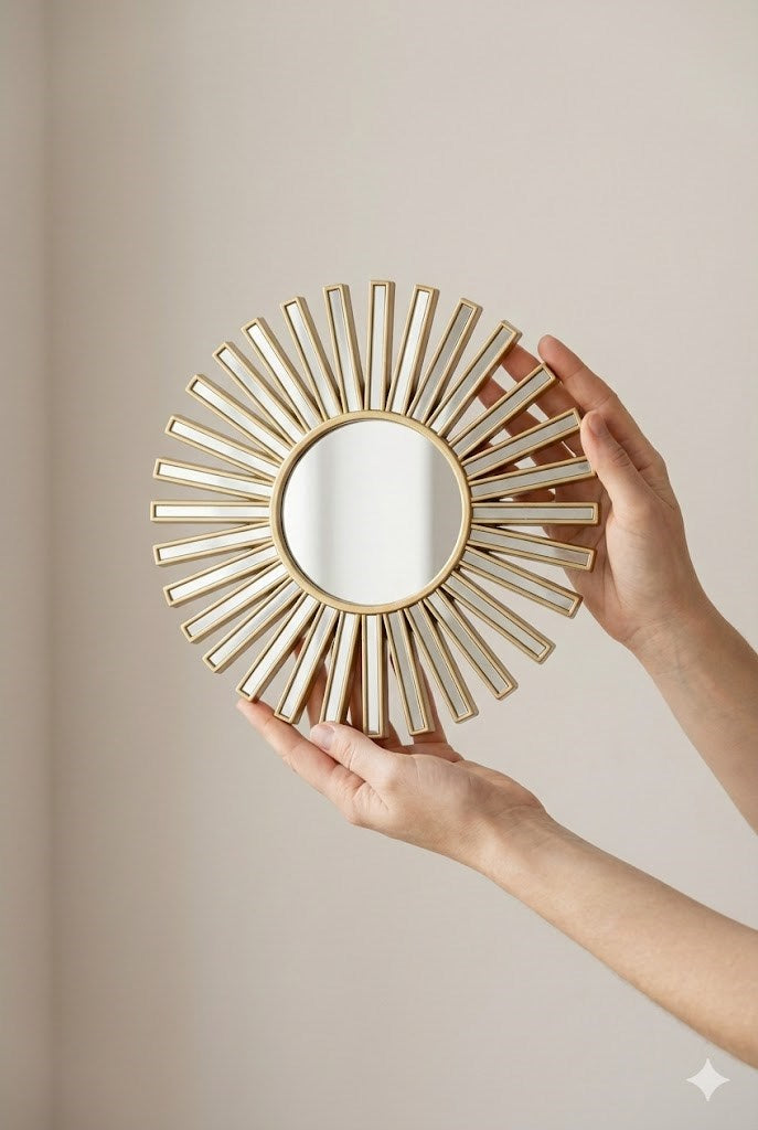 3’lü Gold Güneş Desenli Duvar Aynası Seti 25 cm | Dekoratif Yuvarlak Ayna