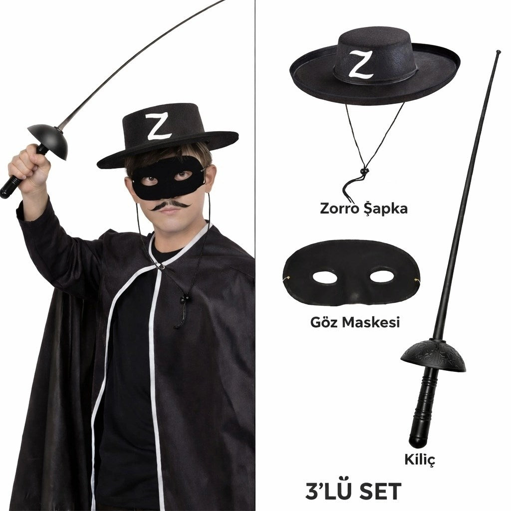Mey İthalat® Kostüm Seti 3’lü Çocuk – Şapka, Maske ve Kılıç