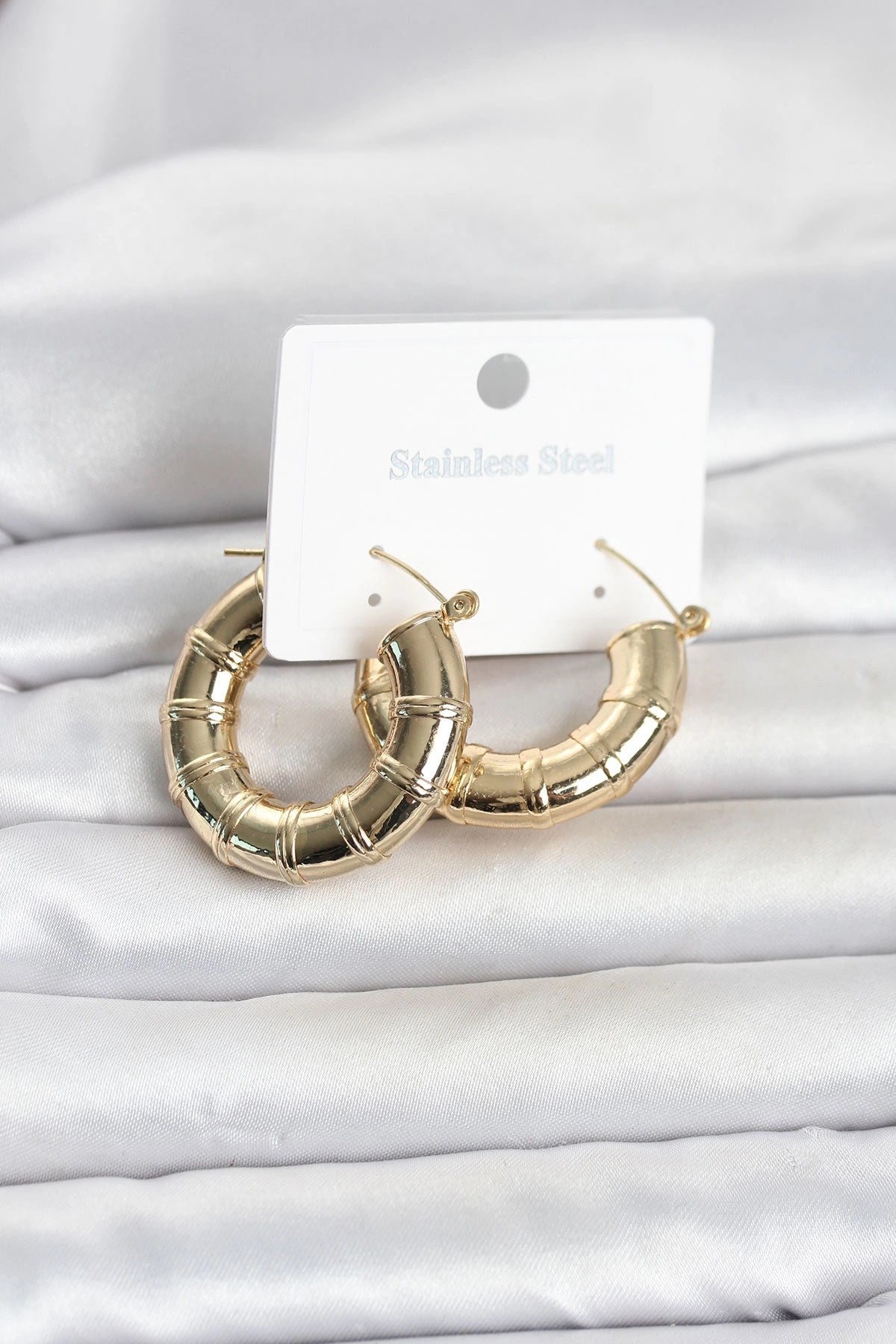 Mey İthalat® 316L Çelik Gold Renk Bambu Model Halka Kadın Küpe