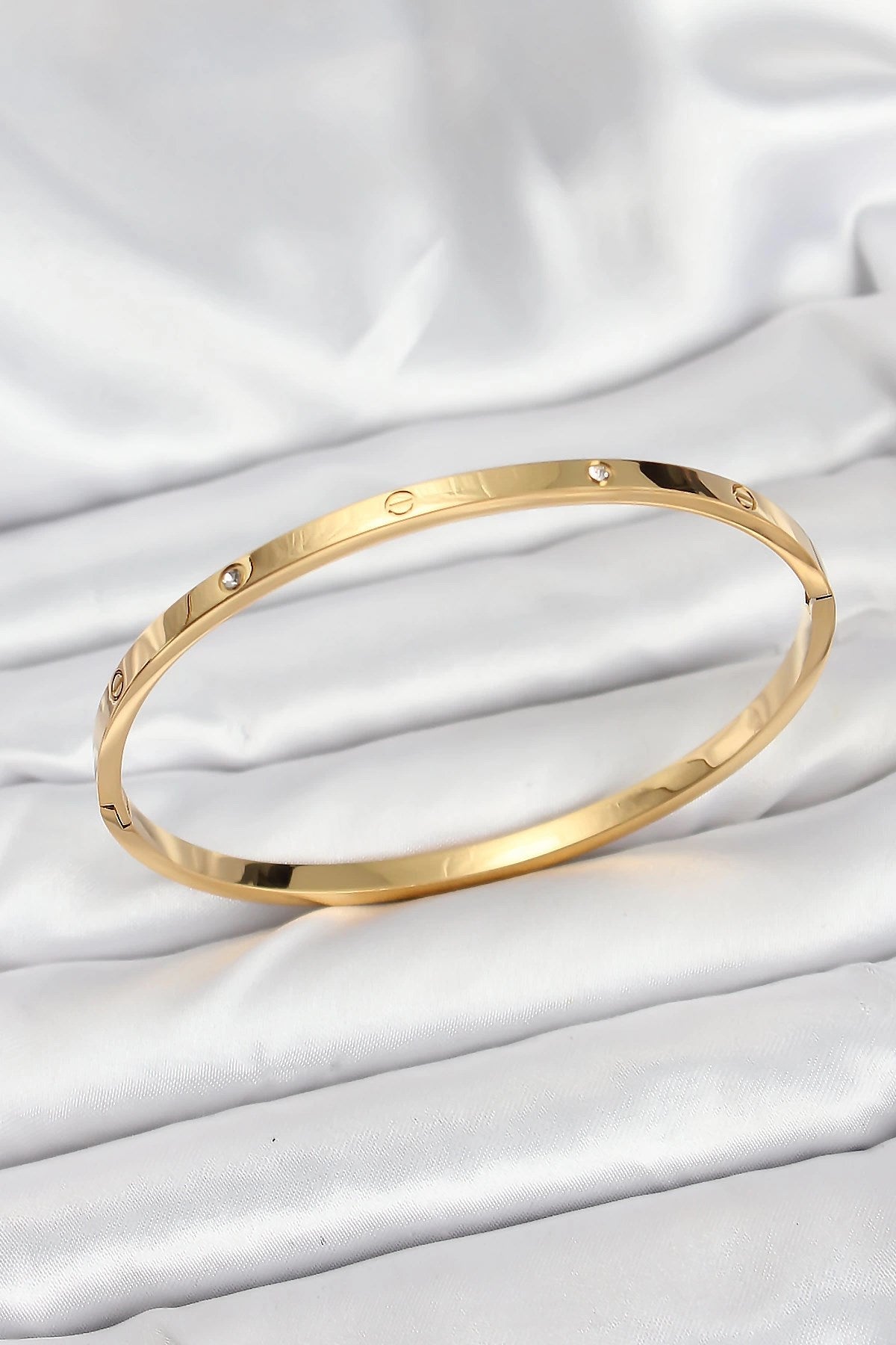 Mey İthalat® 316L Çelik Gold Renk Zirkon Taşlı 65 mm İnce Kadın Kelepçe Bileklik