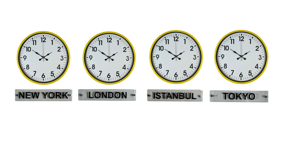 Sarı Enerji 36 Cm 4 lü Tabelalı Dünya Saat Seti
