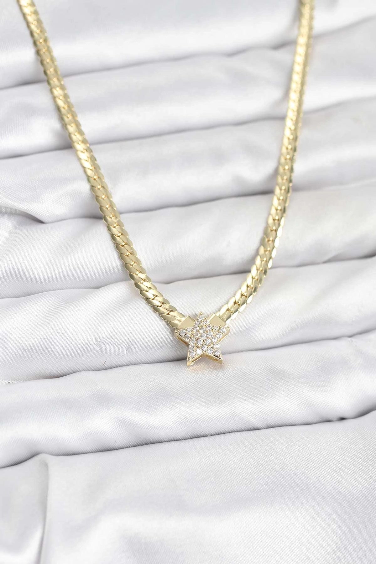 Mey İthalat® Gold Renk Pirinç Yıldız Zirkon Taşlı Kadın Kolye