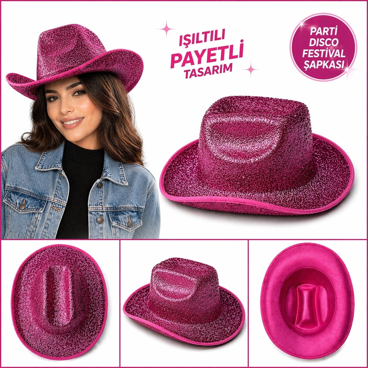 Mey İthalat® Parlak Pembe Kovboy Şapka Kadın Erkek Parti Disco Festival Şapkası
