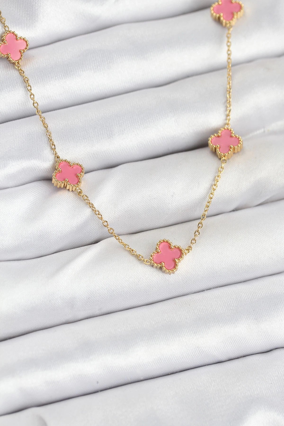 Mey İthalat® 316L Çelik Zincir Gold Renk Pembe Baby Boy Yonca Kadın Kolye