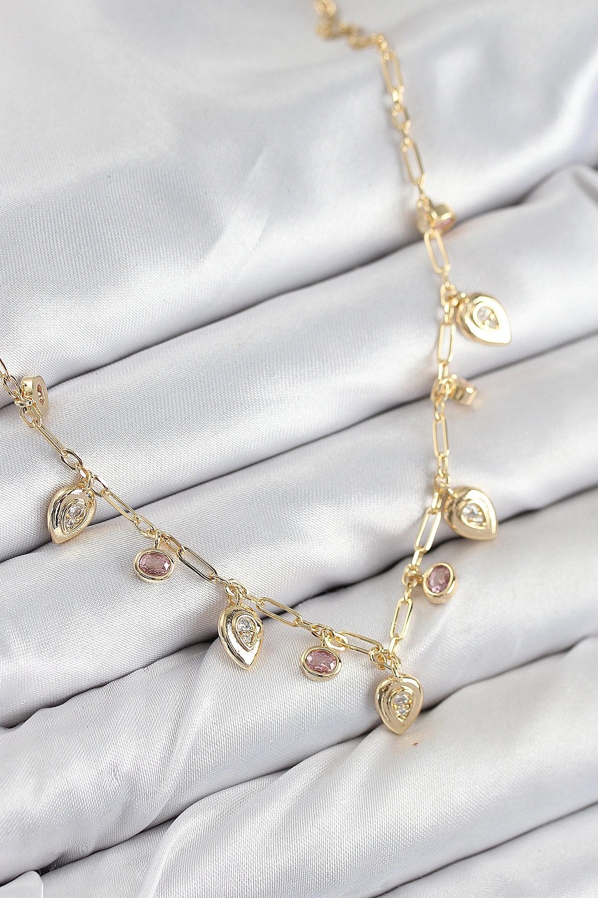Mey İthalat® Pirinç Zirkon Taşlı Sallantılı Damla Model Gold Renk Kadın Kolye