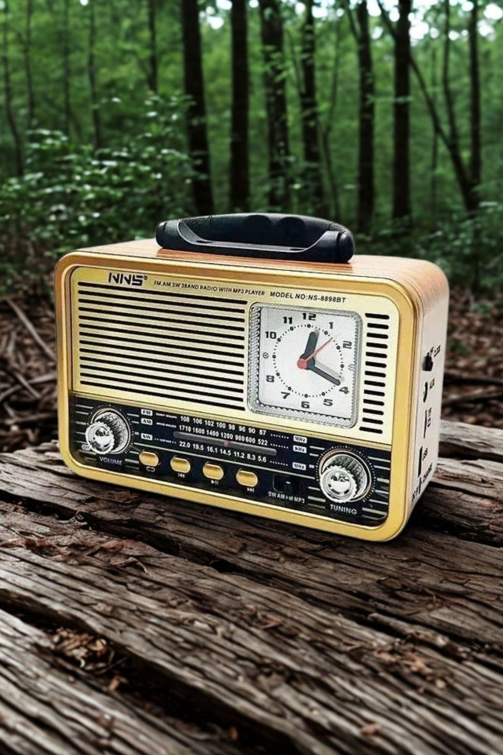 Orta Boy Saat Göstergeli Retro Ahşap Tasarım Bluetooth Hoparlörlü Radyo – FM/AM Destekli, Şarjlı ve Taşınabilir Radyo NS-8898