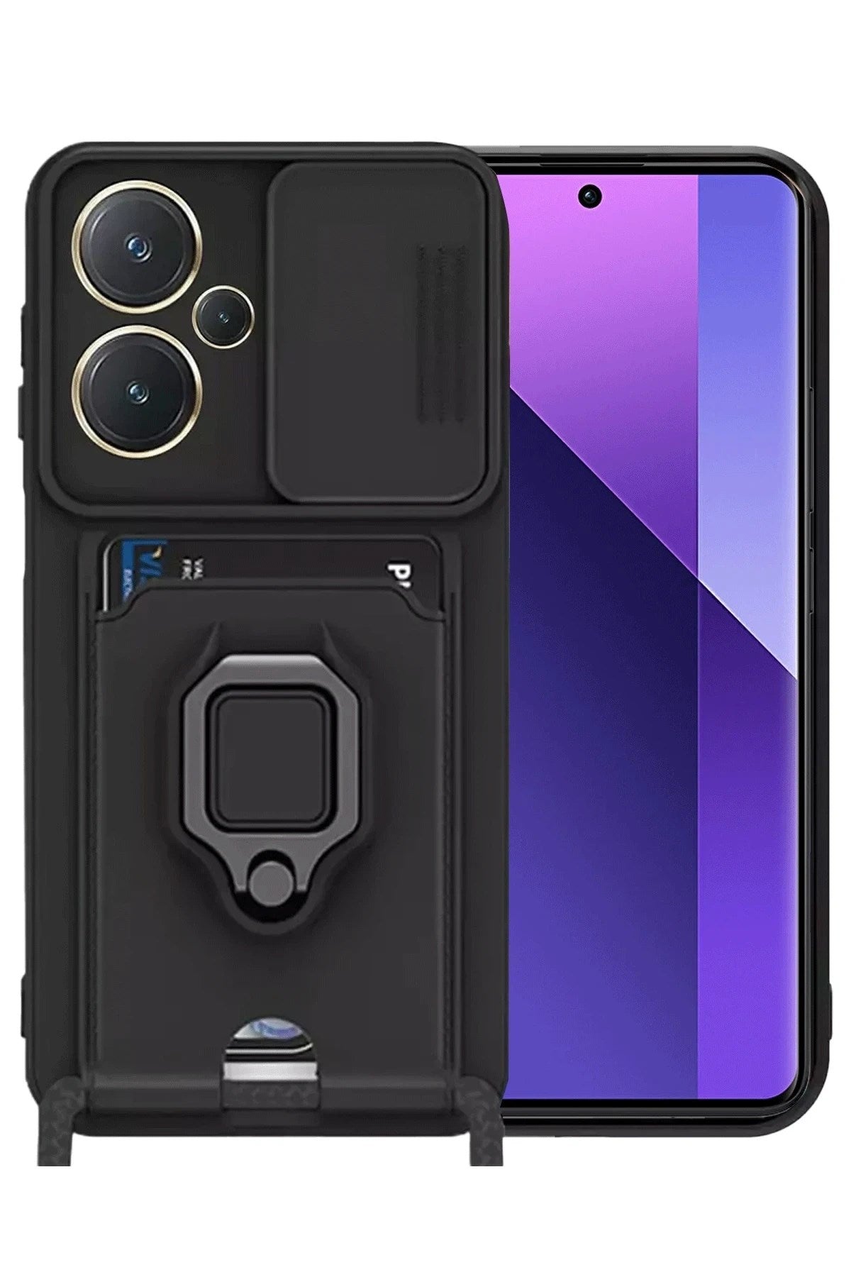 Mey İthalat® Redmi Note 13 Pro Plus Kılıf Zuma Kartvizitli Yüzüklü Silikon - Siyah