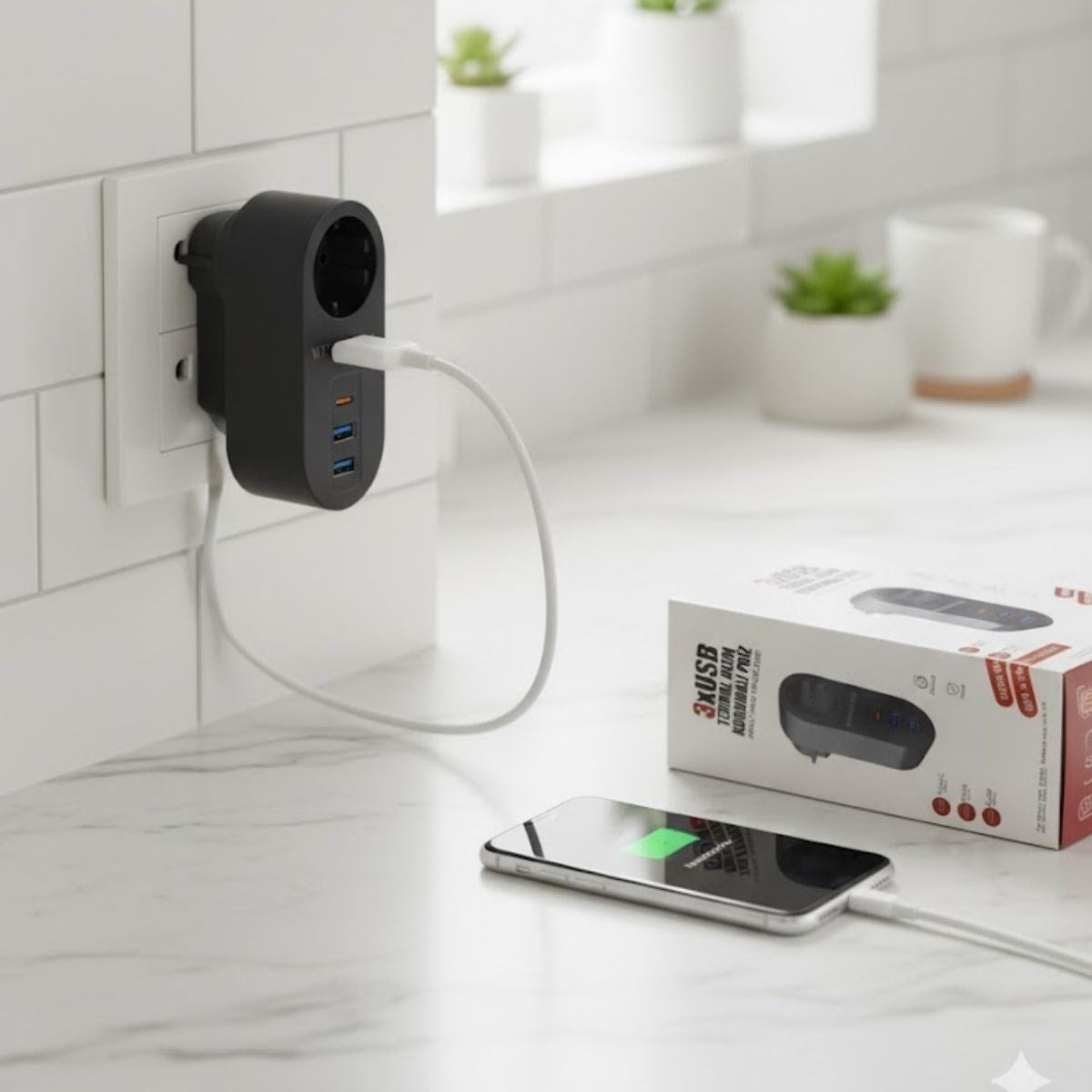 2 USB,1 TYPE-C Girişli 1'li Çocuk Korumalı,Isıya Karşı Dayanıklı 2500Watt Termal Akım Korumalı Priz
