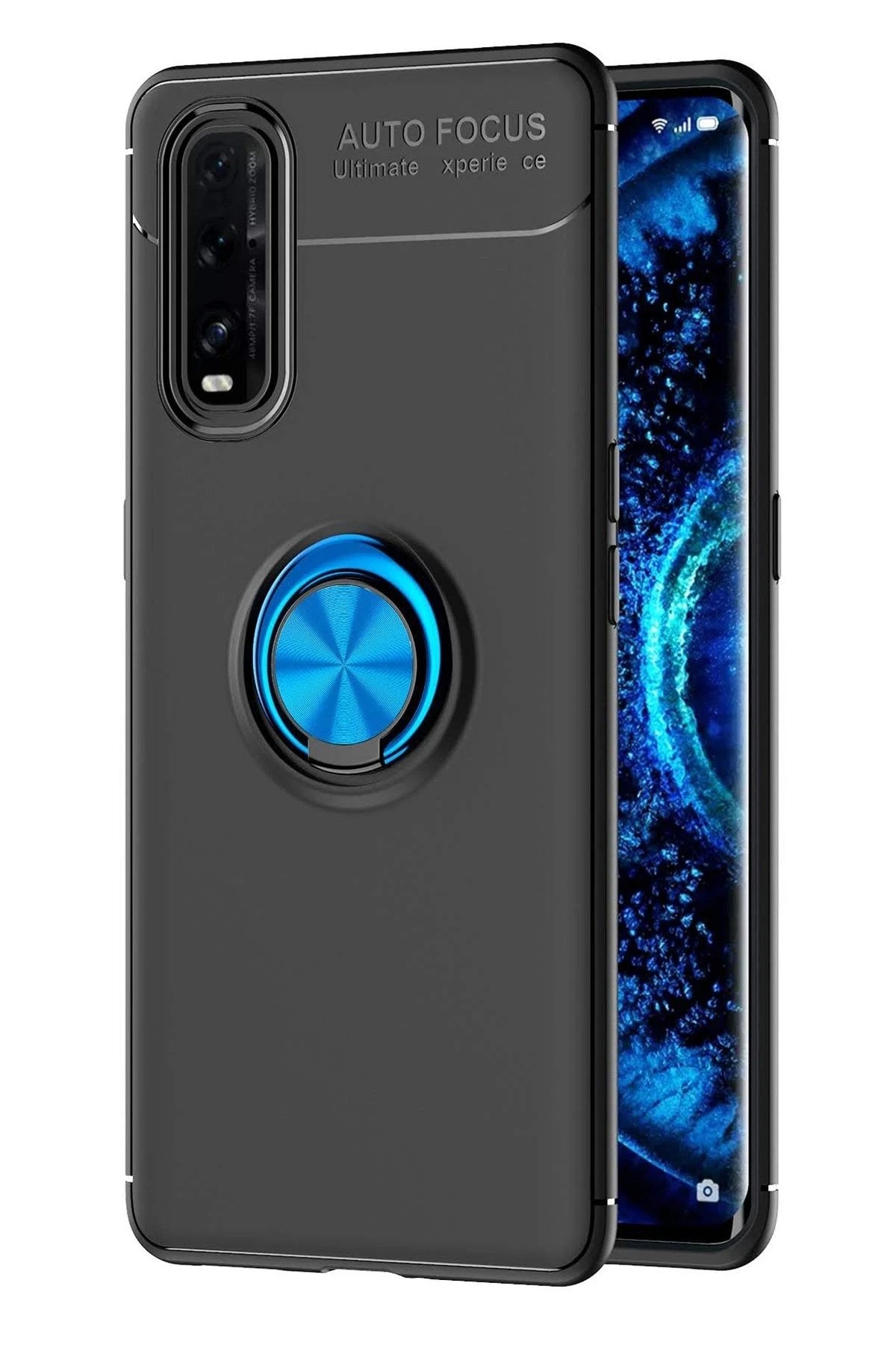 Mey İthalat® Find X2 Kılıf Range Yüzüklü Silikon - Siyah-Mavi