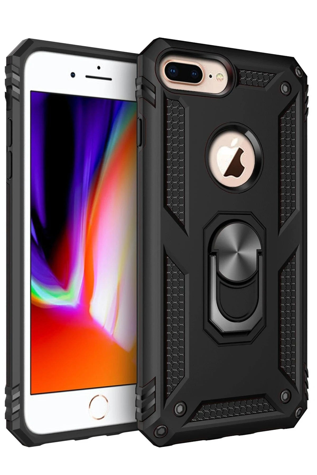 Mey İthalat® iPhone 7 Plus Kılıf Sofya Yüzüklü Silikon Kapak - Siyah