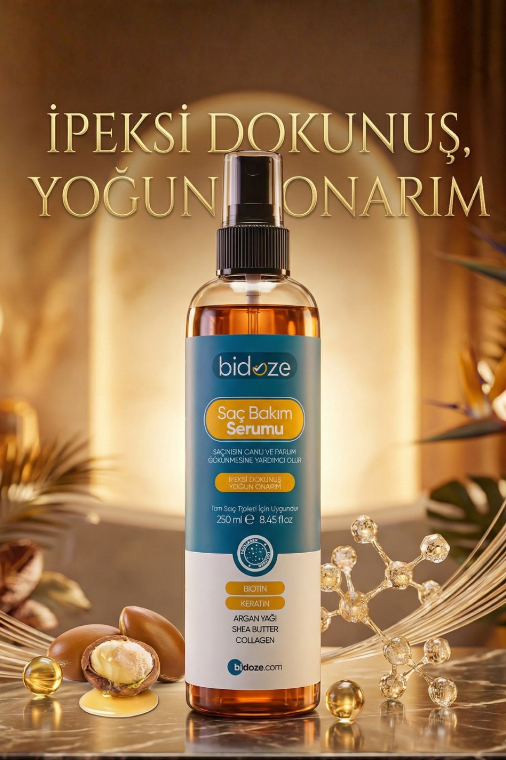 Bidoze Besleyici Onarıcı Yoğun Saç Bakım Serumu 250 ML | Argan Keratin Biotin Kolajen Zengin İçerikli | Kabarma Önleyici & Isı Koruyucu