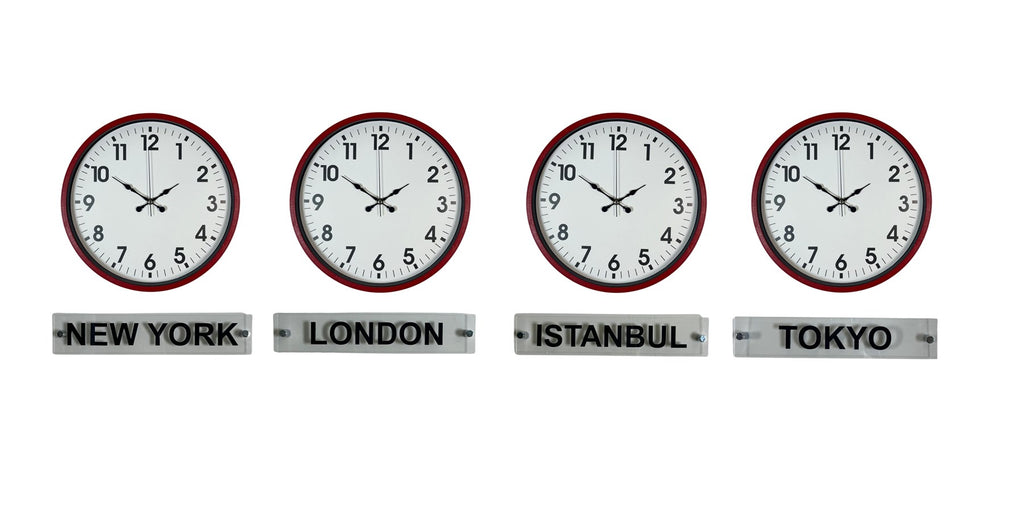 Kırmızı Seri 36 Cm 4 lü Tabelalı Dünya Saatleri