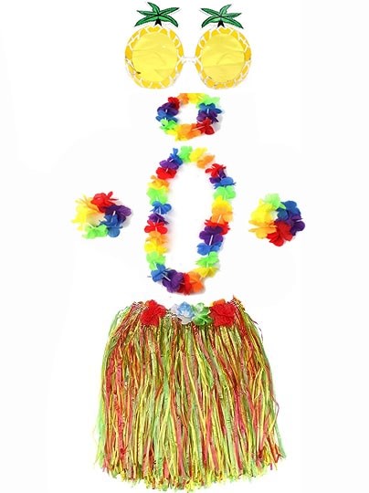 Mey İthalat® Yetişkin ve Çocuk Uyumlu Luau Aloha Hawaii Rengarenk 40 cm Etek Ananas Şekilli Gözlük Hawaii Kolye Renkli Taç ve 2 Adet Bileklik Seti