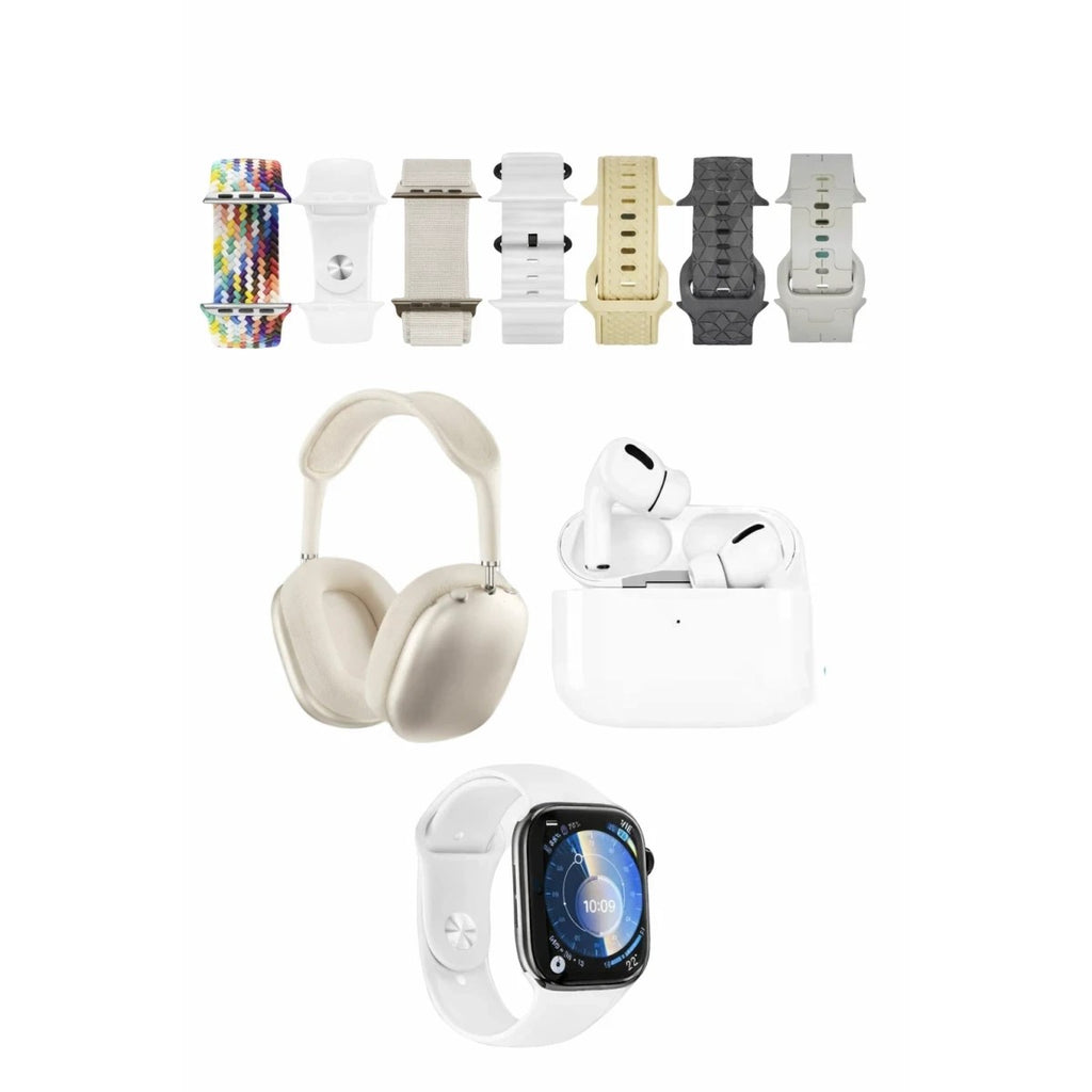 Mey İthalat® K32 Kombo 7 Adet Kordon Akıllı Saat Airpods Kulaklık Kafa Üstü Kablosuz Kulaklık Set - Beyaz
