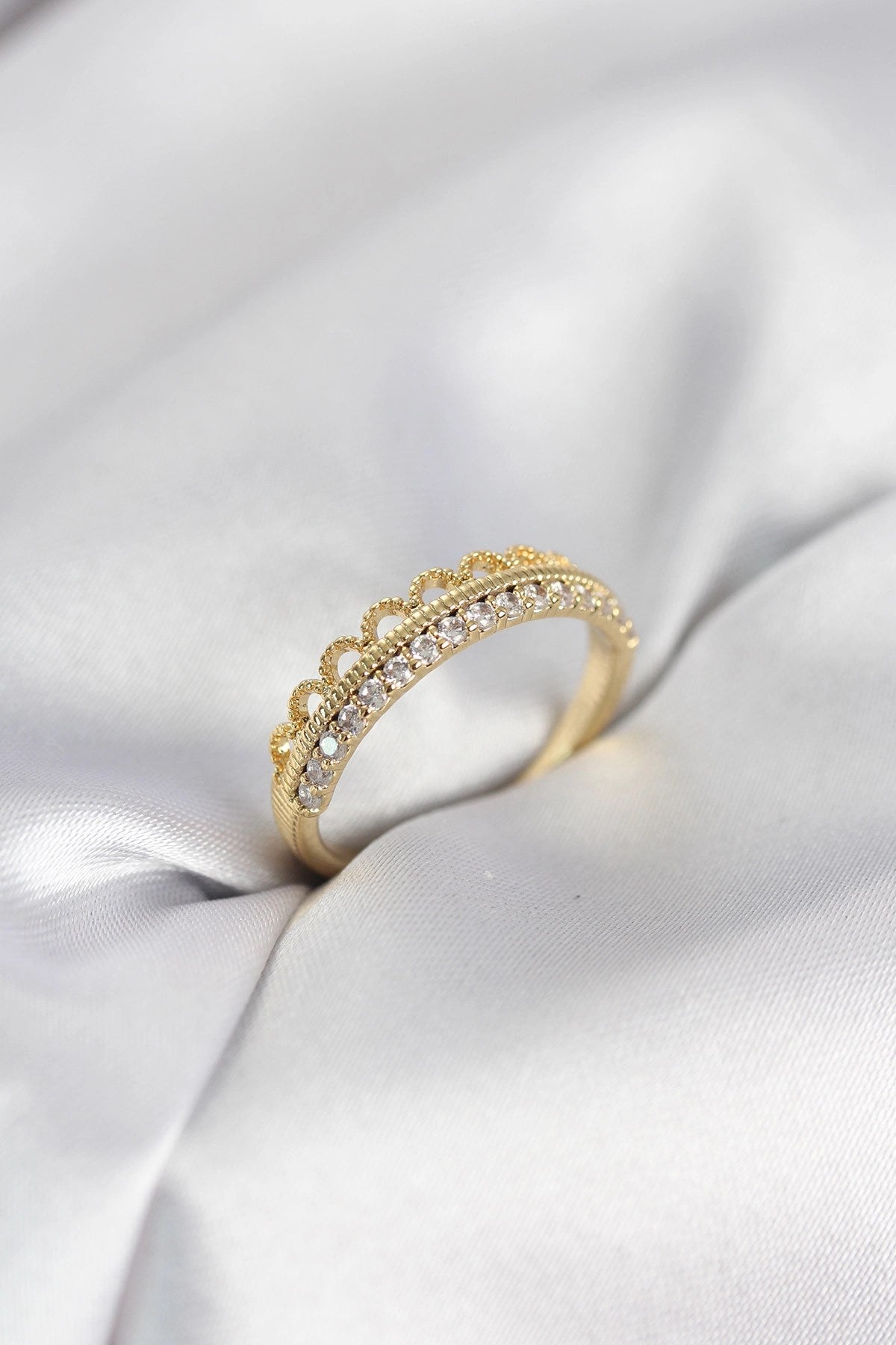 Mey İthalat® Motif Desenli Gold Renk Zirkon Taşlı Kadın Yüzük