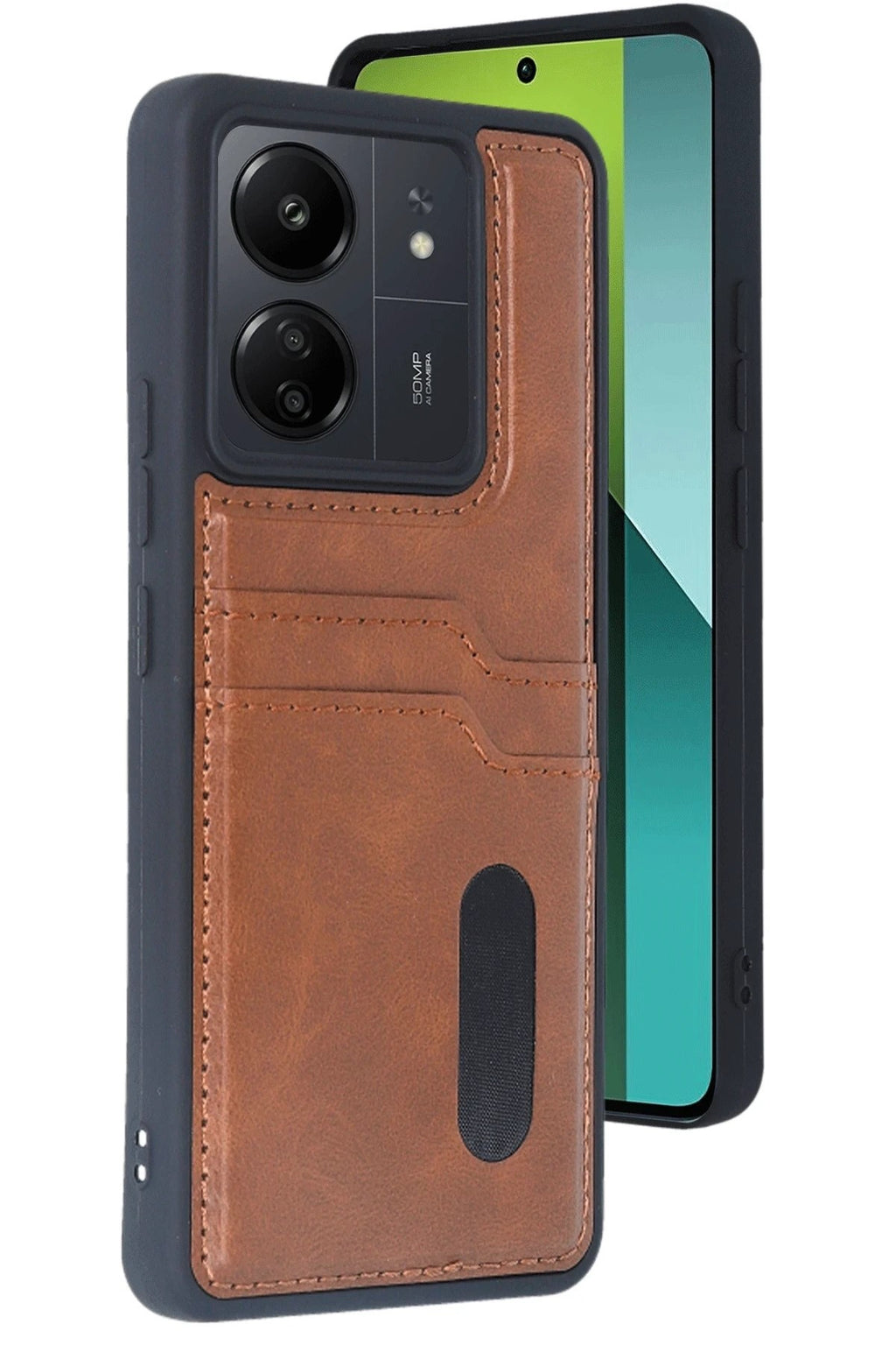 Mey İthalat® Redmi 13C Kılıf Sara Kartvizitli Deri Kılıf - Taba