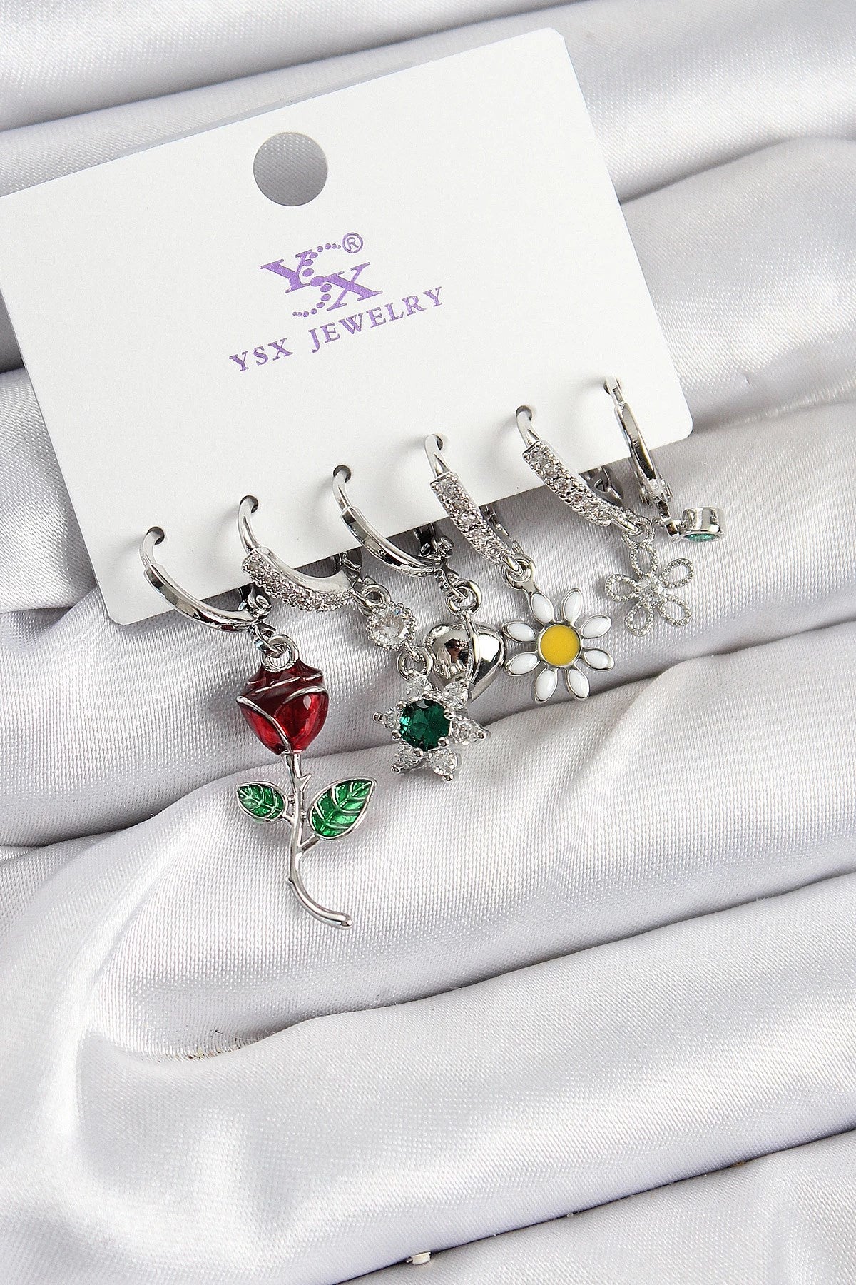 Mey İthalat® Pirinç Zİrkon Taşlı Gül Ve Papatya Model Gümüş Renk 3'lü Çift Kadın Küpe