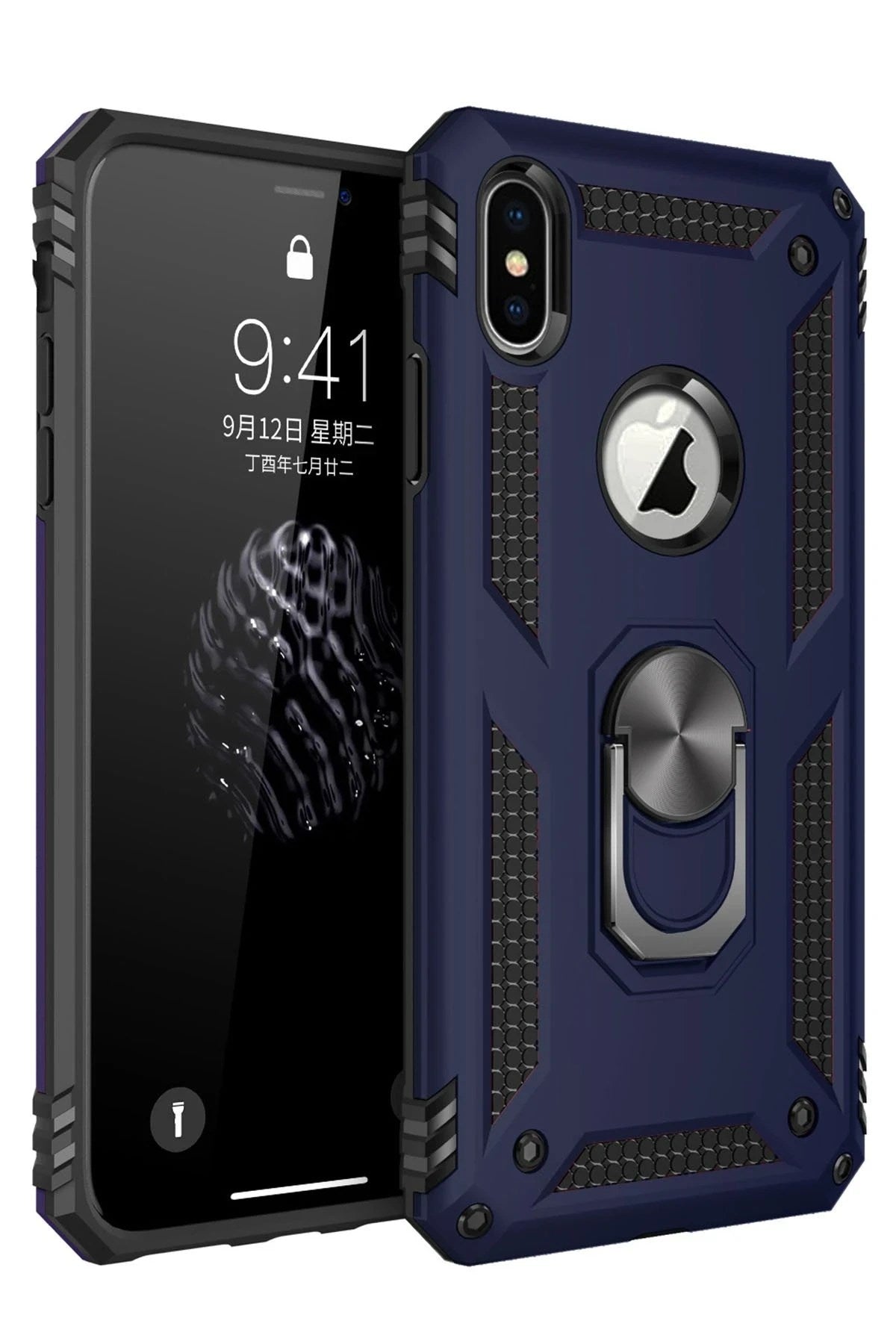 Mey İthalat® iPhone XS Max Kılıf Sofya Yüzüklü Silikon Kapak - Lacivert