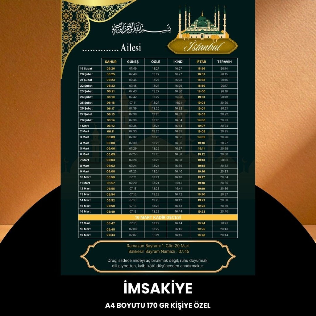 Ramazan İmsakiyesi - 170 Gr - A4 Boyut Kişiye Özel İsimli & Logolu 100 Adet Koyu Yeşil