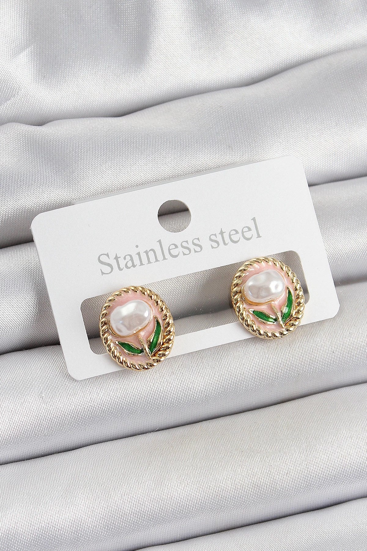 Mey İthalat® Pirinç Pembe Mineli Lale Figürlü Sanatsal Portre Model Gold Renk Kadın Küpe