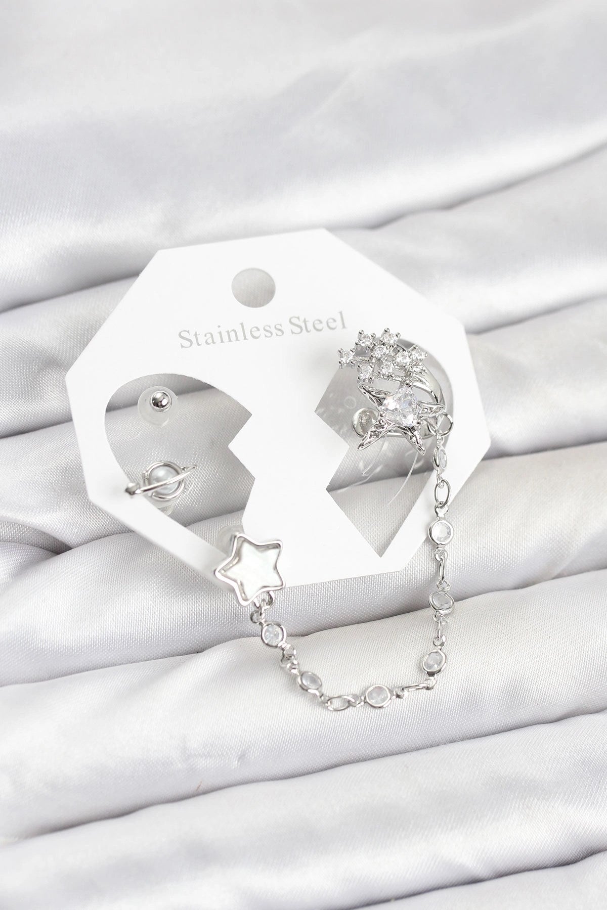 Mey İthalat® Pirinç Gümüş Renk Yıldız Model Zincir Bağlantılı Ear Cuff Küpe Seti