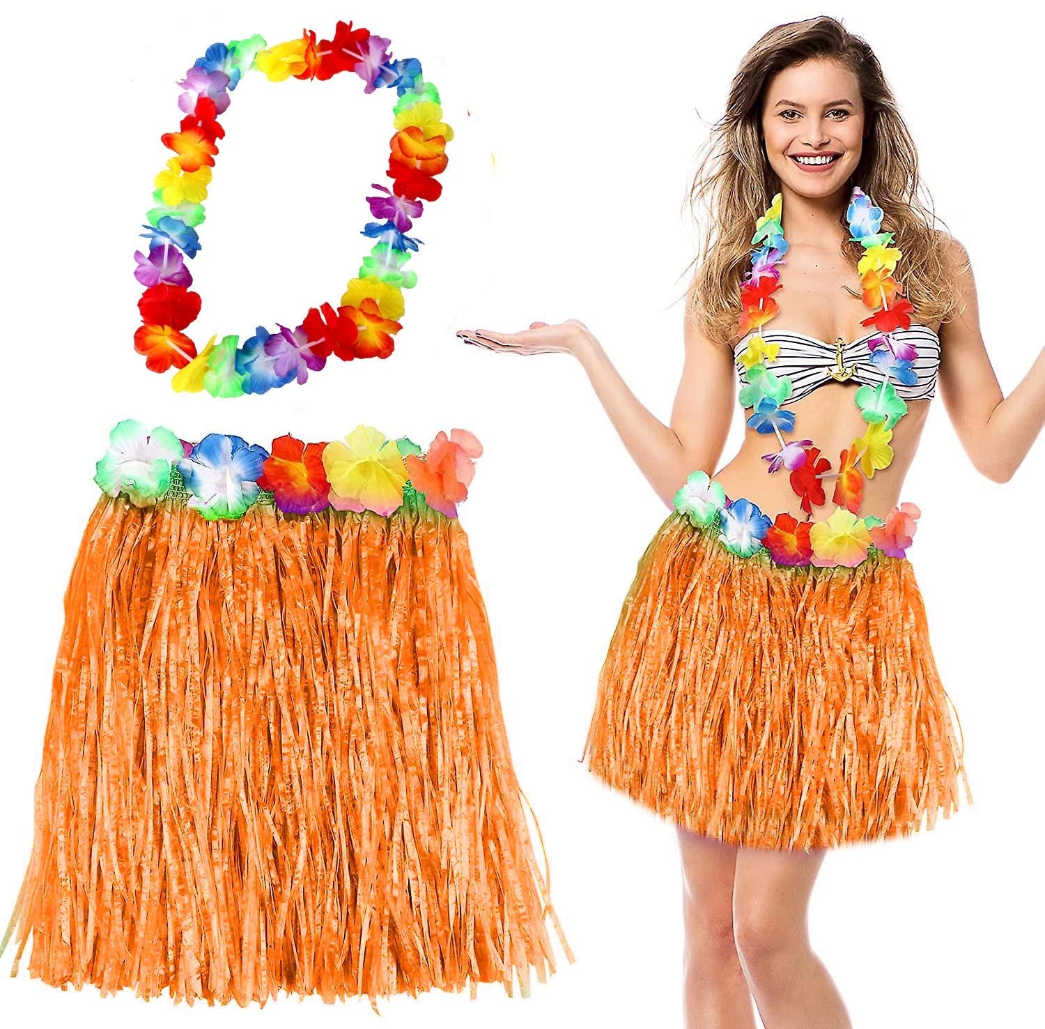 Mey İthalat® Hawaii Luau Aloha Turuncu Püsküllü 40 cm Etek ve Hawaii Kolye Seti
