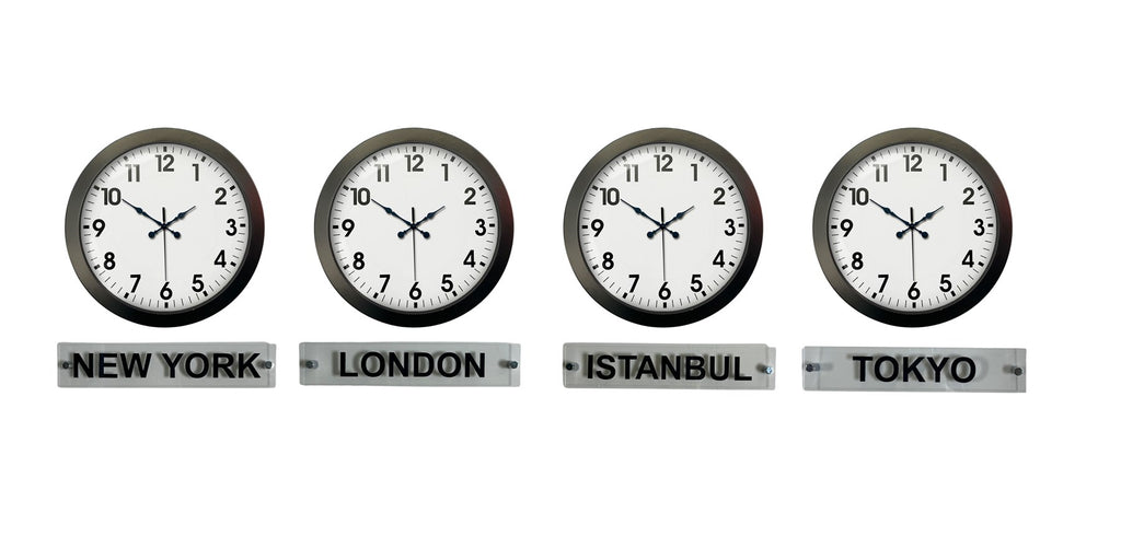 Siyah Prestij 36 Cm Metal Tabelalı Dünya Saatleri – 4’lü Siyah Set