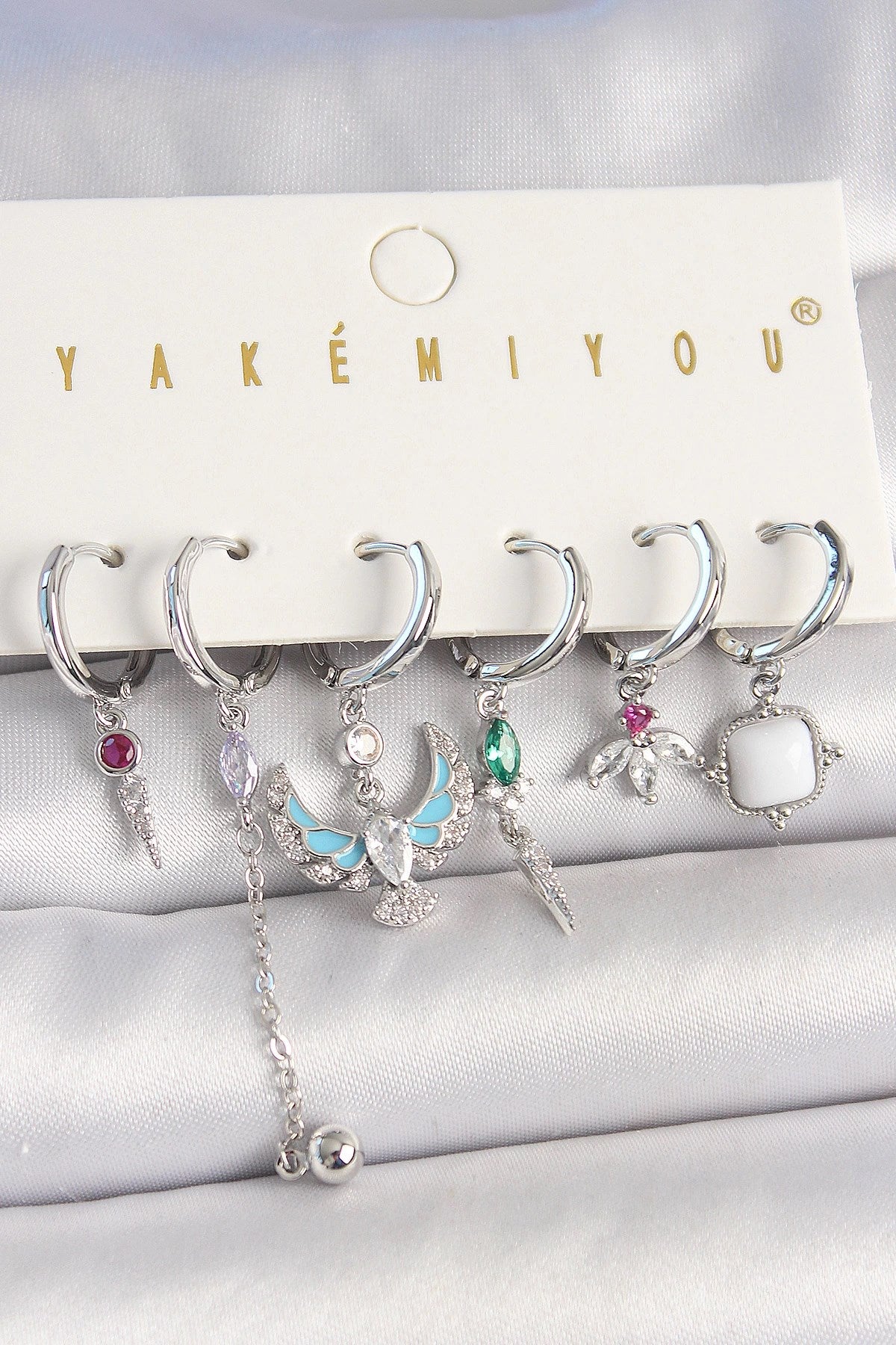 Mey İthalat® Pirinç Gümüş Renk Zirkon Taşlı Kuş Figür Çiçek Detay 6'Lı Kadın Kombin Küpe