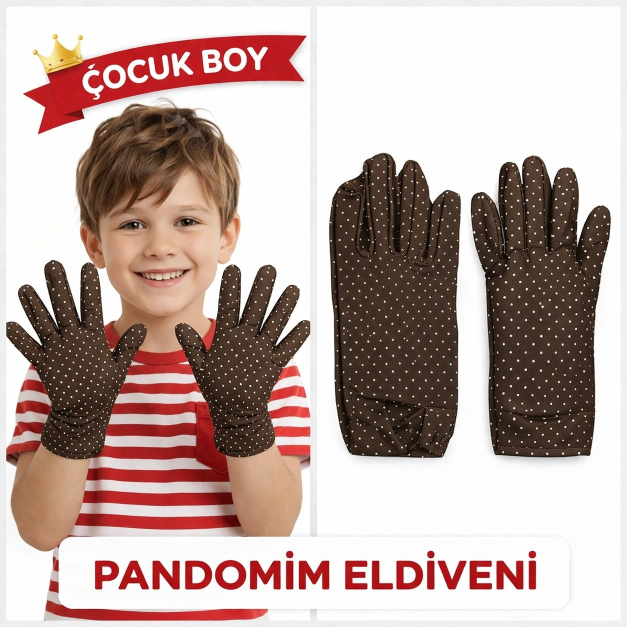 Mey İthalat® Çocuk Boy Pandomim Eldiveni Beyaz Puantiyeli Kahve Renk Gösteri Eldiveni 23 Nisan 19 Mayıs