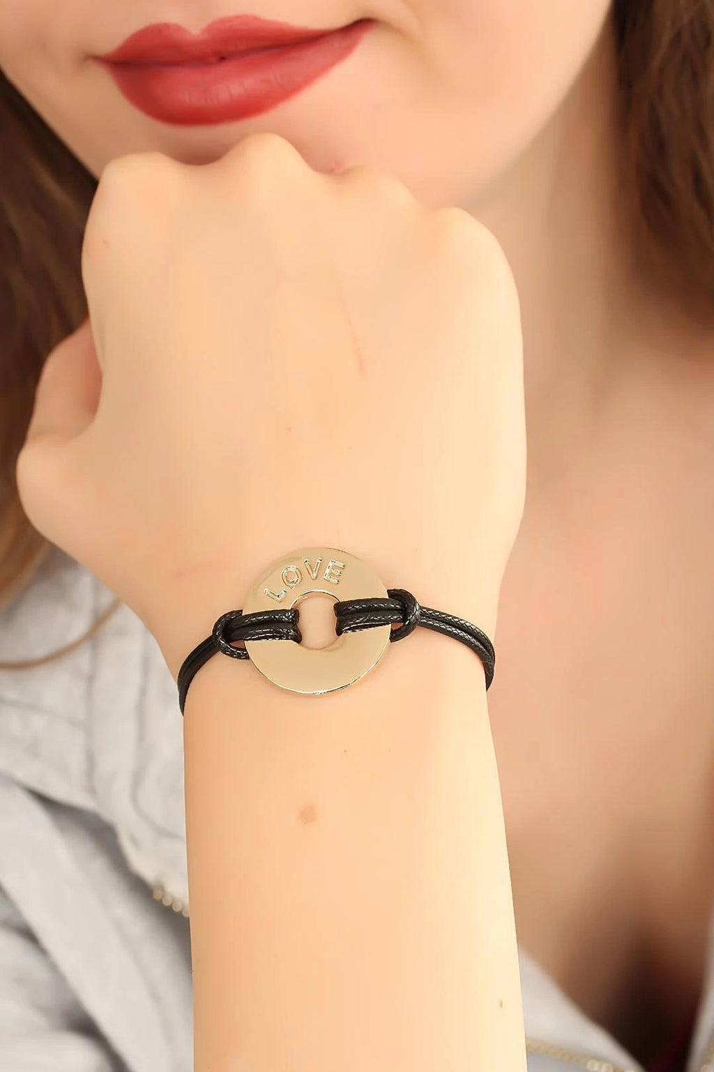 Mey İthalat® LOVE (Aşık) Siyah Deri İpli Unisex Mood Bileklik