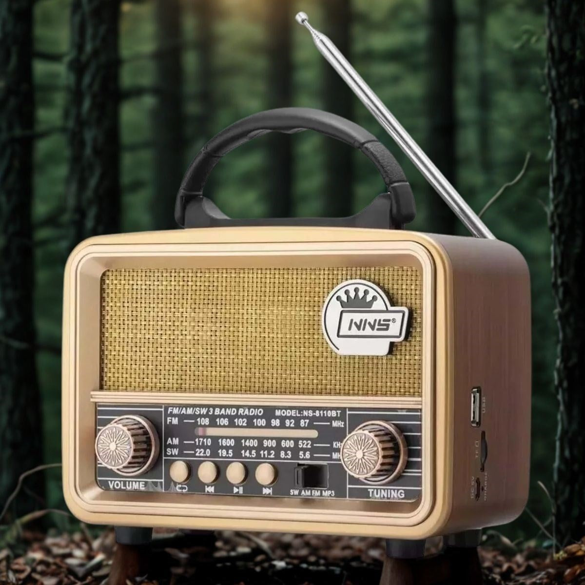 Orta Boy Retro, Nostaljik, Ahşap Tasarım Bluetooth Hoparlörlü, Şarjlı, Taşınabilir FM/AM Destekli Radyo NS-8110