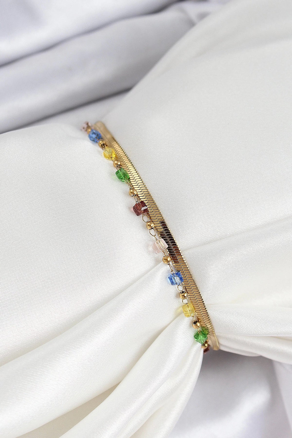 Mey İthalat® 316L Çelik Gold Renk Karışık Renkli Kristal Taşlı Kadın Bileklik