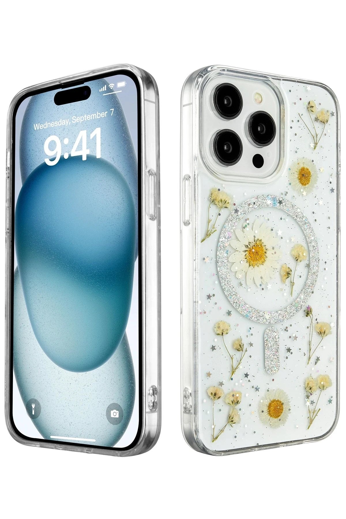 Mey İthalat® iPhone 15 Pro Max Kılıf Daisy Simli Magsafe Kapak - Gümüş