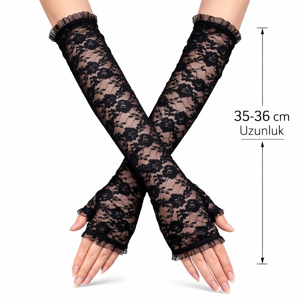 Mey İthalat® Uzun Zarif Dantel Eldiven Parmaksız Siyah 35 cm