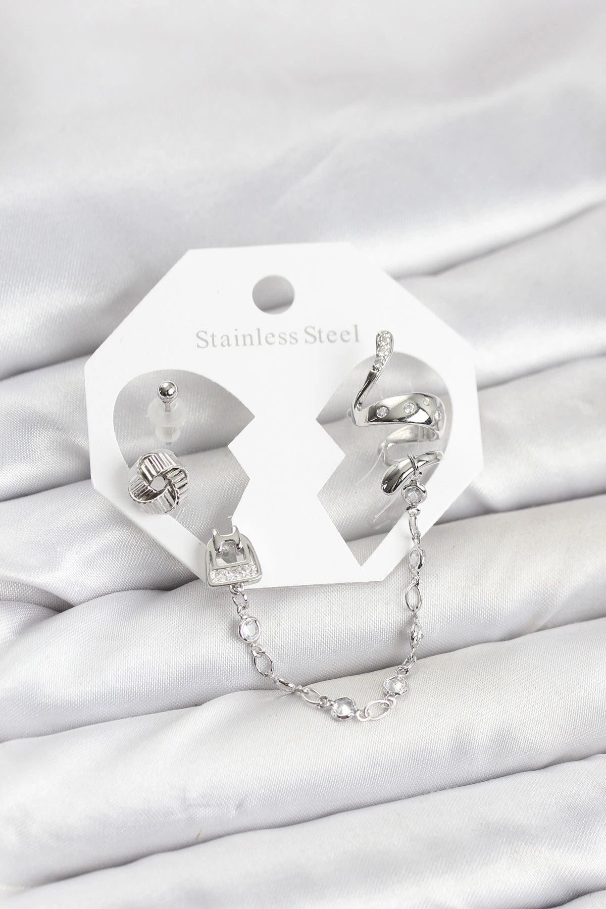 Mey İthalat® Pirinç Gümüş Renk Yılan Model Zincir Bağlantılı Ear Cuff Küpe Seti