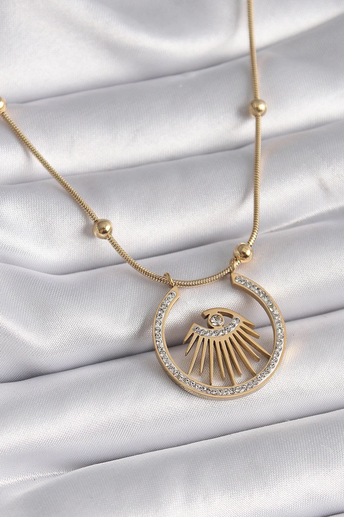 Mey İthalat® 316L Çelik Gold Renk Zirkon Taşlı Göz Model Kadın Kolye