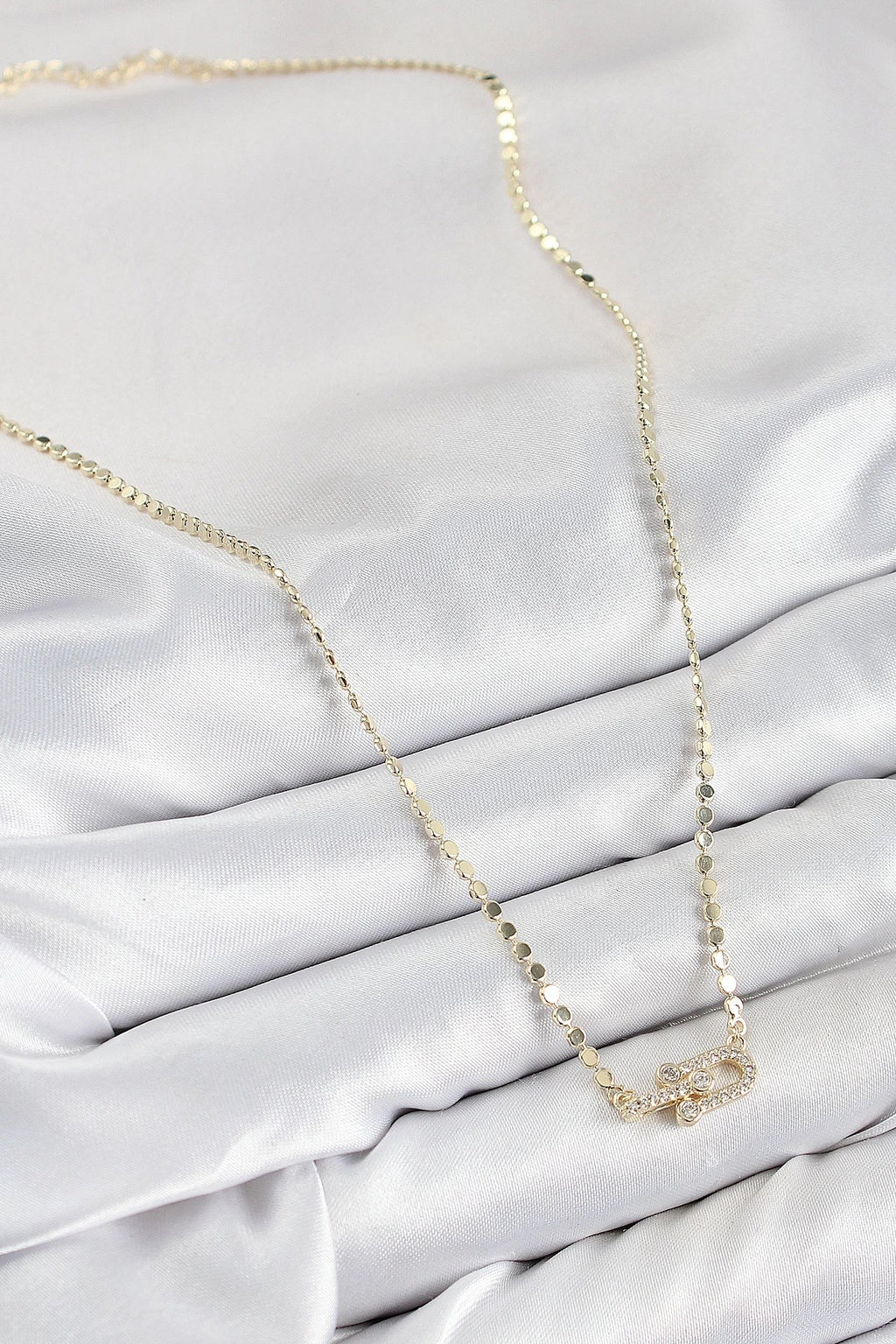 Mey İthalat® Pirinç Zirkon Taşlı Tifany Model Ezme Zincir Gold Renk Kadın Kolye